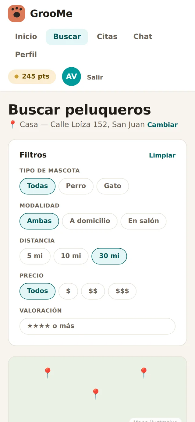 GrooMe — search groomers with filters and map