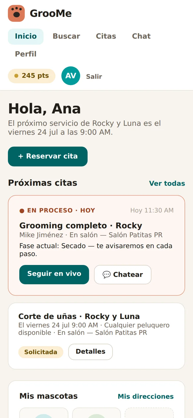 GrooMe — pet owner home screen